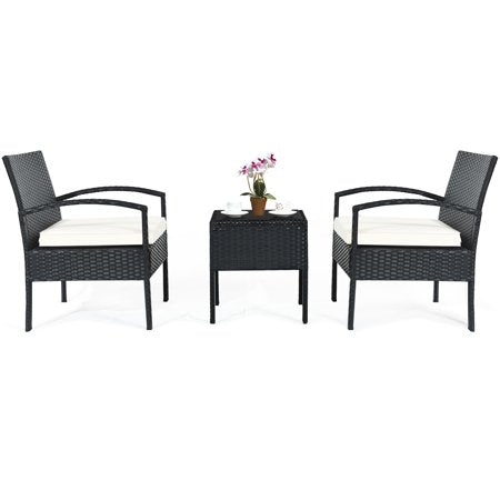 3 Pieces Rattan Wicker Furniture Set Seat Cushioned Patio Garden Outdoor with Beige Cushions