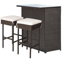 Load image into Gallery viewer, 3-Piece Brown Patio Rattan Wicker Bar Table Stools Dining Set with Beige Cushions
