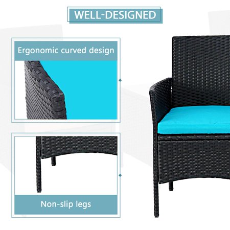 3-Piece Patio Outdoor Bistro Furniture Set, All-Weather Black Wicker Chairs and Glass Side Table, Blue Cushion