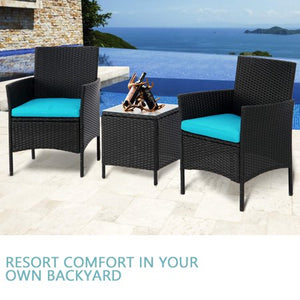 3-Piece Patio Outdoor Bistro Furniture Set, All-Weather Black Wicker Chairs and Glass Side Table, Blue Cushion