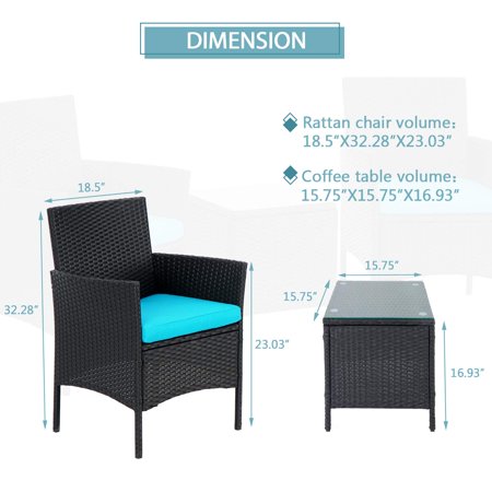 3-Piece Patio Outdoor Bistro Furniture Set, All-Weather Black Wicker Chairs and Glass Side Table, Blue Cushion