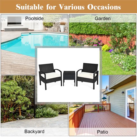3 Pieces Rattan Wicker Furniture Set Seat Cushioned Patio Garden Outdoor with Beige Cushions