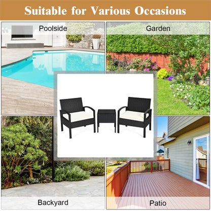3 Pieces Rattan Wicker Furniture Set Seat Cushioned Patio Garden Outdoor with Beige Cushions