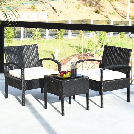 3 Pieces Rattan Wicker Furniture Set Seat Cushioned Patio Garden Outdoor with Beige Cushions