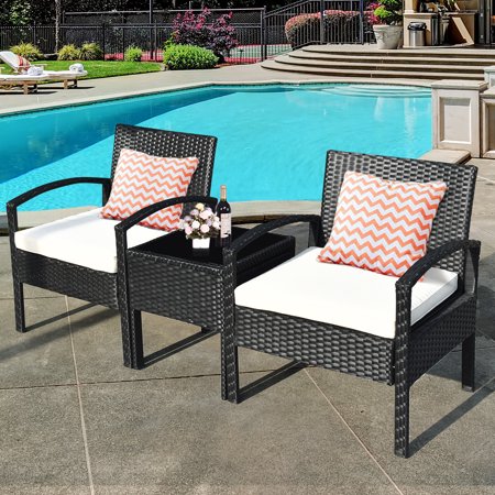 3 Pieces Rattan Wicker Furniture Set Seat Cushioned Patio Garden Outdoor with Beige Cushions